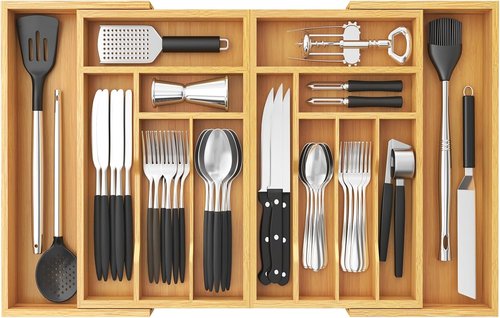 Lifewit Expandable Bamboo Silverware Drawer Organizer - Adjustable Utensil Tray for Kitchen | 21.4 to 36 Inches Wide, 13 Compartments