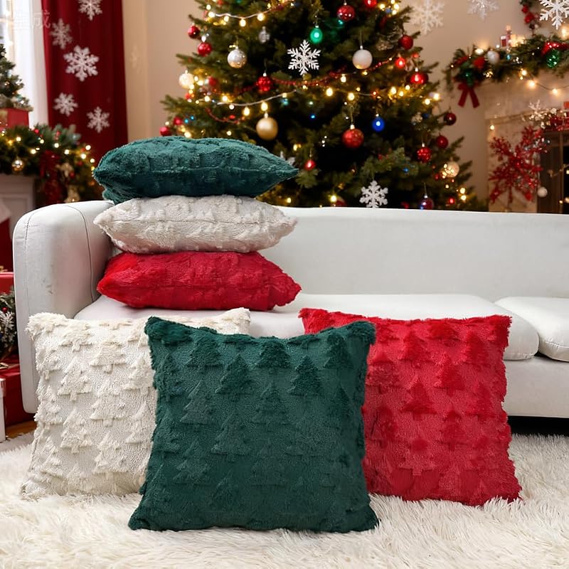 Booque Valley 2 Pack Beige Christmas Tree Pillow Covers 20x20 inches - Fuzzy Wool Embroidered 3D Pine Tree