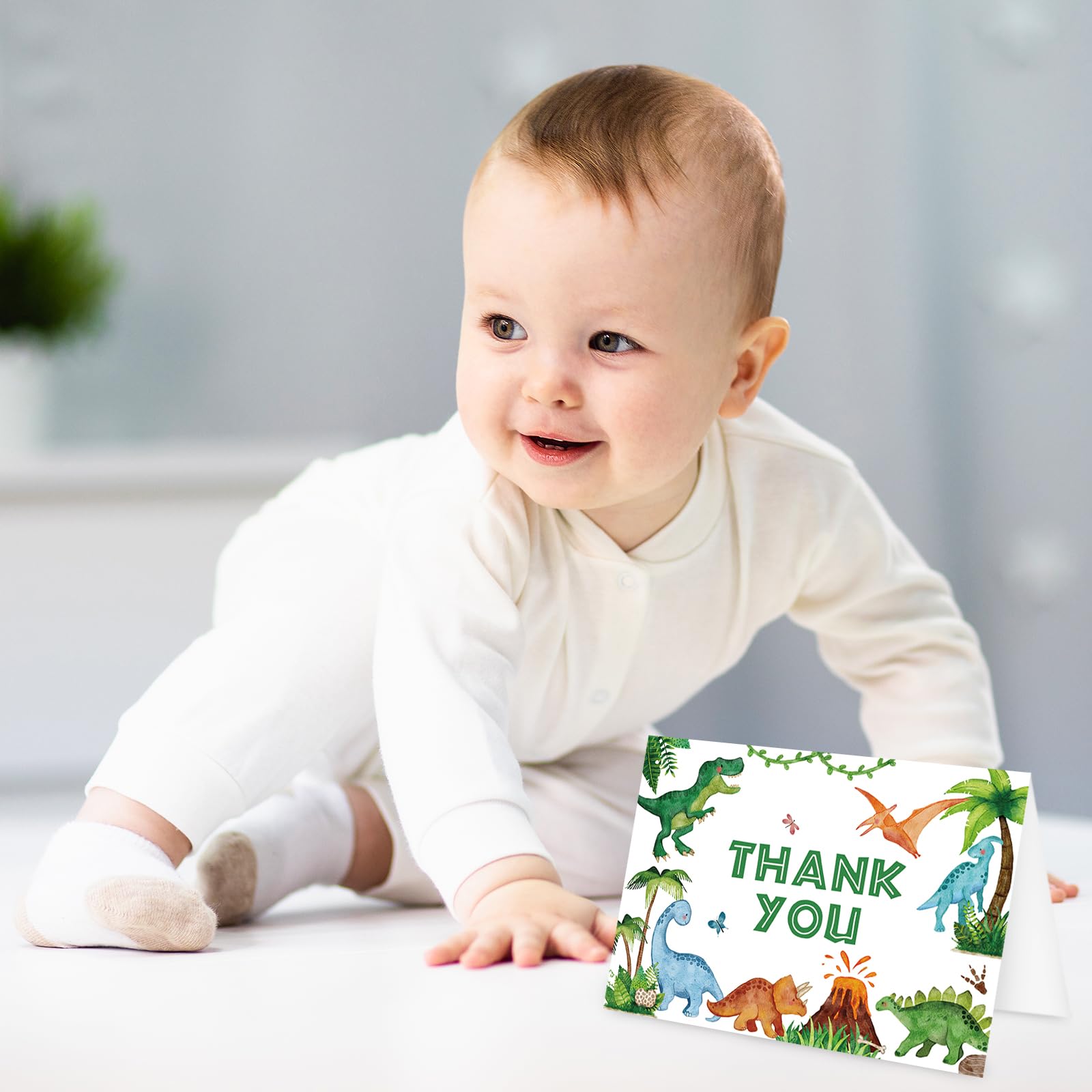 Whaline 24 Pack Dinosaur Thank You Cards Watercolor Green Jurassic Greeting Card with Envelopes Sticker Cute Animal Blank Note Card for Baby Shower Party Invitation Supplies, 4 x 6 Inch
