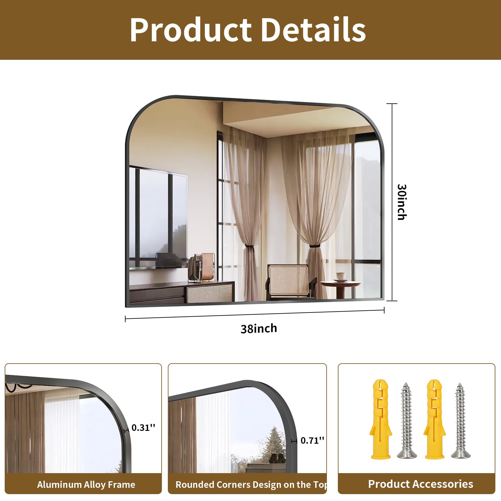 VETROVUE Black Arched Top Wall Mounted Mirror - 38 x 30 Inch Round Cruved Top Bathroom Vanity Mirror, Aluminum Metal Framed, Home Decor for Living Room, Bedroom, Fireplace, Mantle, Entryway