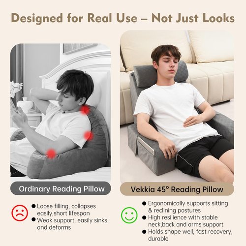 Vekkia 21" Reading Pillow with Arms and Headrest – Tall Back Support Cushion for Adults, Multi-Density Foam, Removable Cover & XL Side Pockets – for Reading, TV & Gaming in Bed & Floor 21"(Grey)