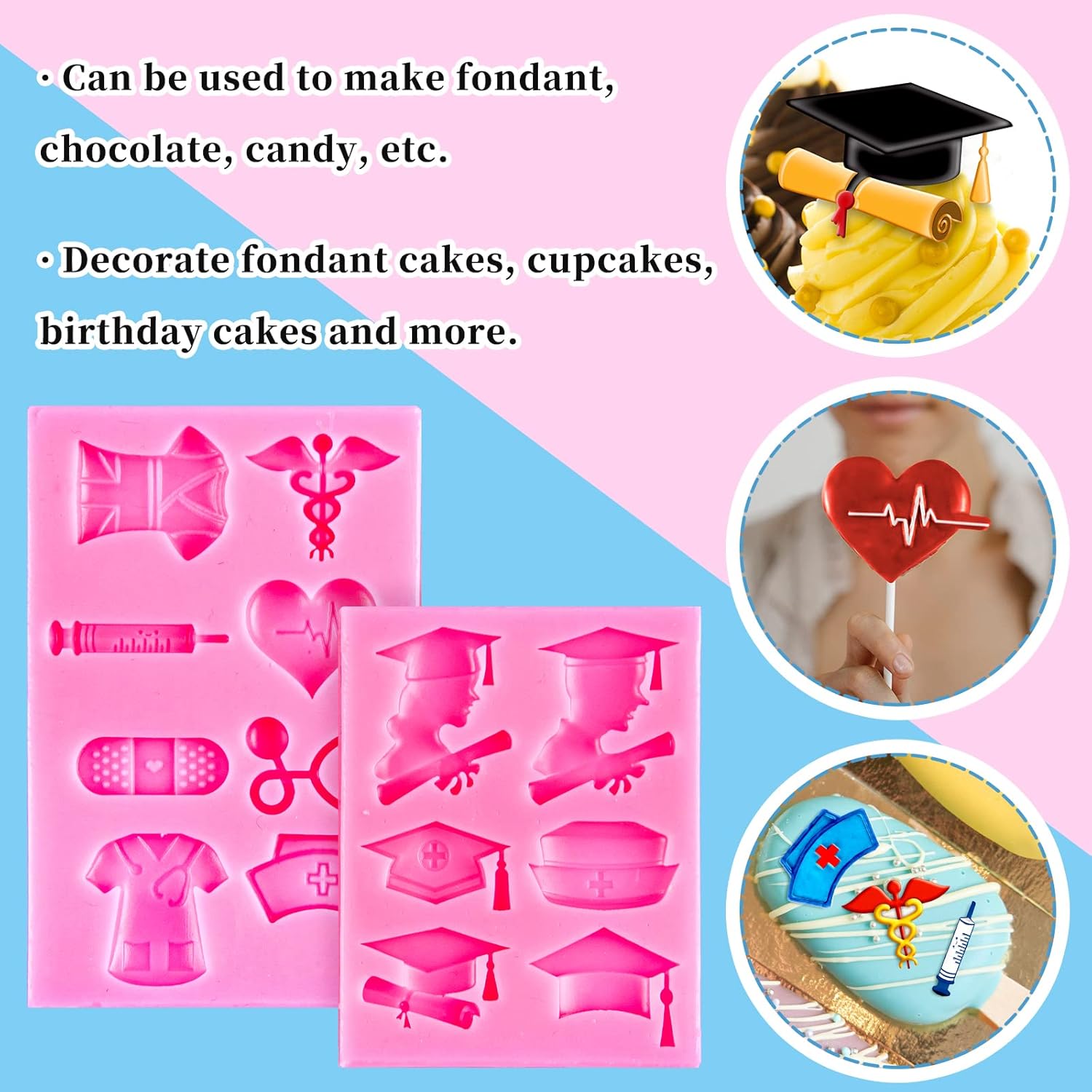 Whaline Nurse Graduation Fondant Molds - Silicone Doctor Hat & Medical Equipment | 2 Pack for Cake Toppers