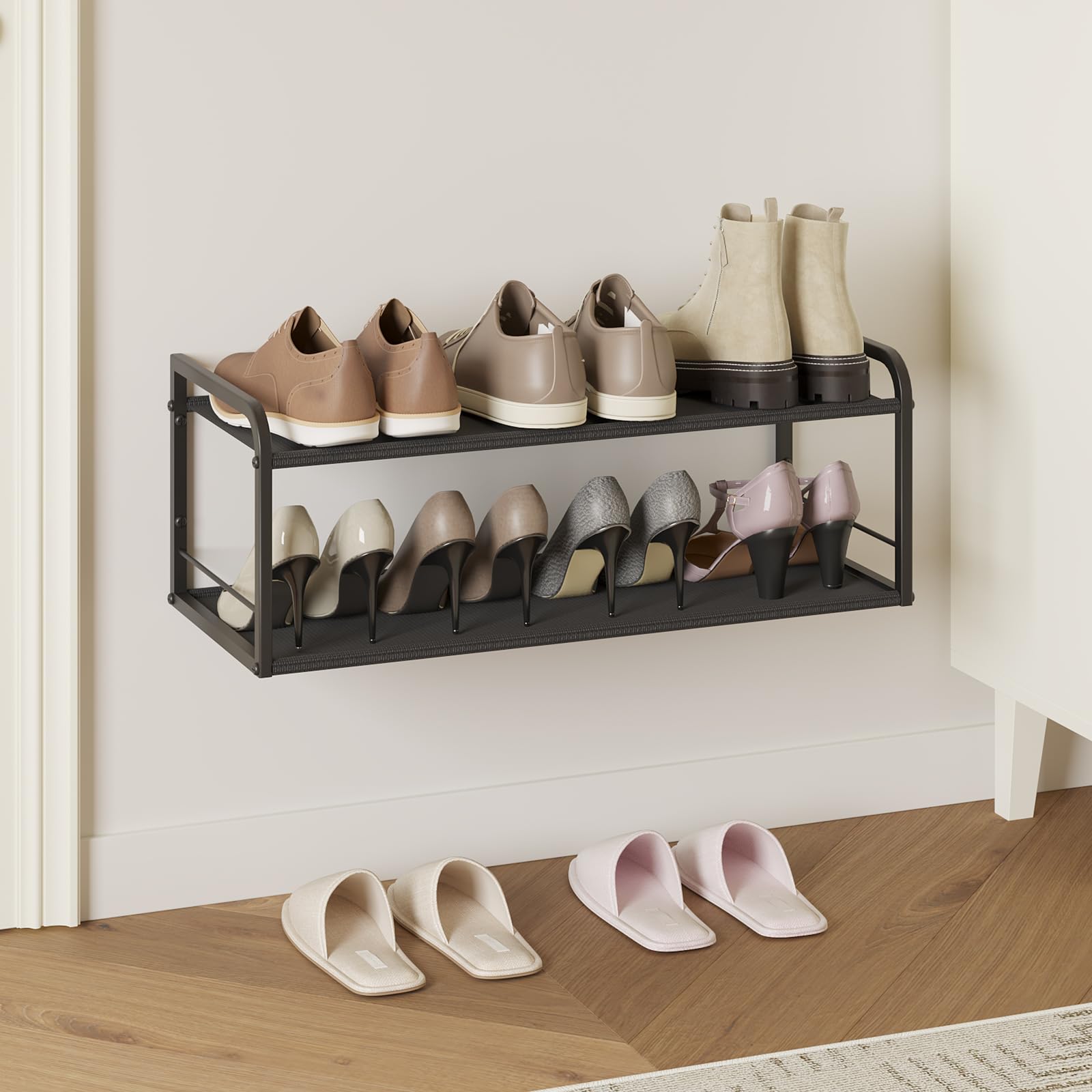 NANAGIFTREE Wall Mounted Shoe Rack, Carbon Steel Shoe Organizer with Removable Oxford Cloth, Non-Slip Space-Saving for Entryway Closet Bedroom, Black