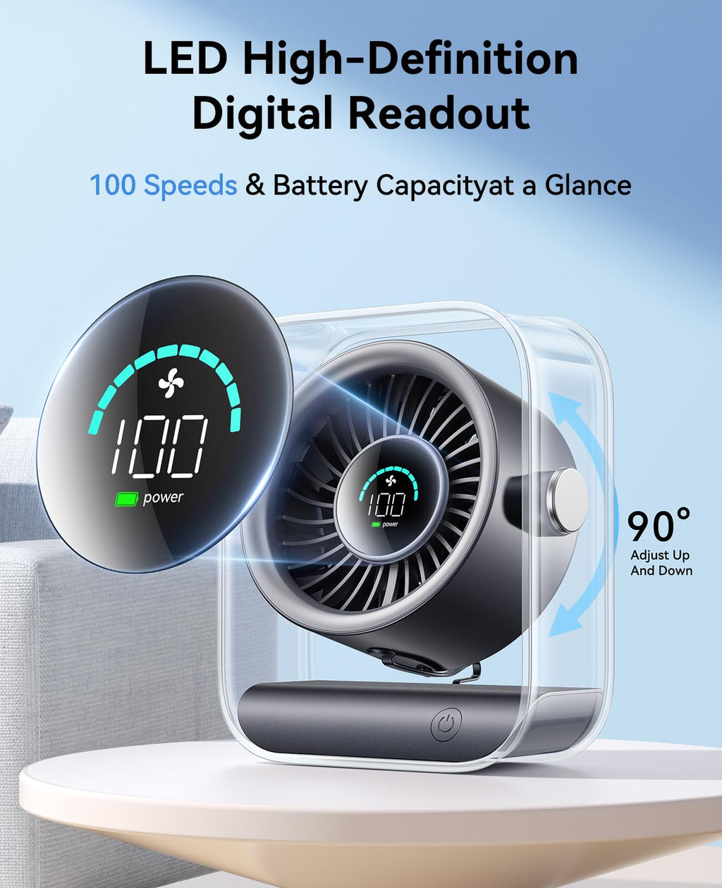 DIGIX Portable Desk Fan for Bedroom, Rechargeable Small Table Fan with 100 Speeds, 90° Rotation, Turbo Airflow, LED Display, Quiet Personal USB Cooling Fan for Office Home Travel Camping, Black