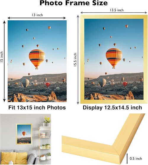 JCJMY 13x15 Gold Picture Frame - Wall Hanging & Mounting, Shatter-Resistant Plexiglass