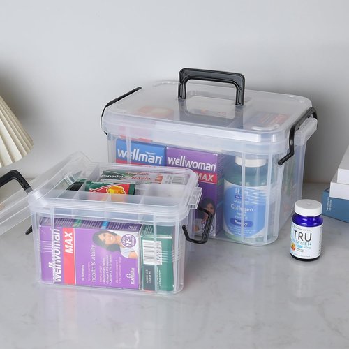 HEY FOLY 15qt Clear Medicine Organizer - Durable Plastic First Aid Storage Box with Labels