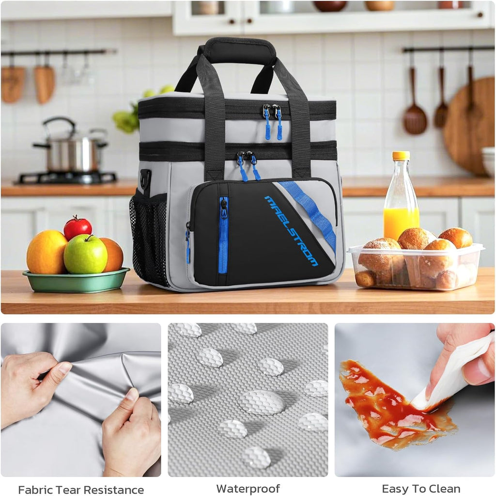 Maelstrom Insulated Lunch Bag - 20L Expandable Double Deck Cooler Tote | Leakproof, 6 Pockets, Grey