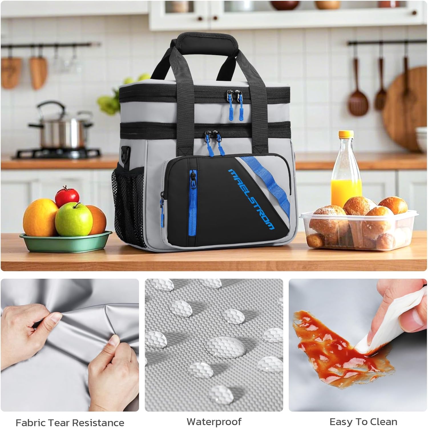 Maelstrom Insulated Lunch Bag - 20L Expandable Double Deck Cooler Tote | Leakproof, 6 Pockets, Grey