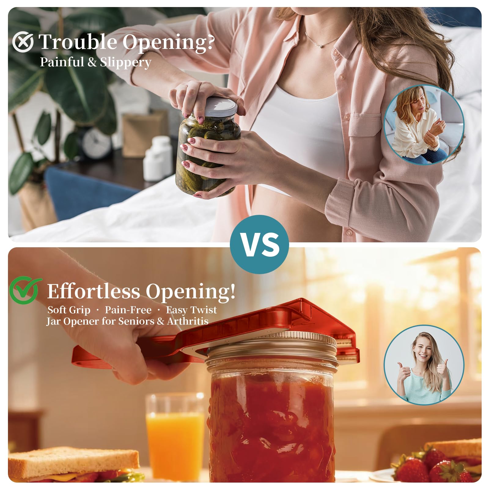 Jar Opener for Weak Hands & Seniors with Arthritis, Easy Twist-Off Lid & Bottle Opener, Ergonomic Handle with Stainless Steel Teeth, Practical Kitchen Gift for Elderly, Women & Men (0.2–5.3 in, Red)