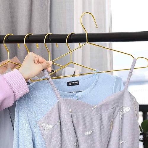 Gold Hangers for Clothes, Ultra Thin Metal Clothes Hangers Heavy Duty Coat Hanger for Dress Skirts Pants Bra Underwears, Space Saving Wire Suit Hangars Closet Organizer Dorm Room Essentials, 10 Pack