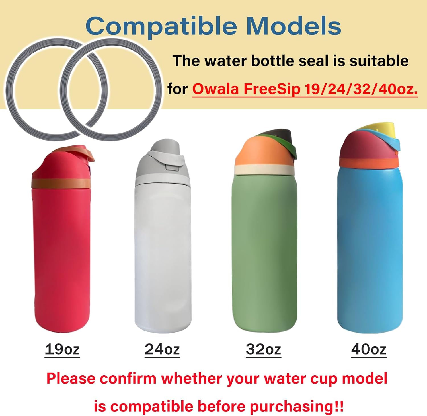 Owala | Water Bottle Gasket Replacement - 6 Silicone Lid Seals for 19/24/32/40oz Cups | Gray