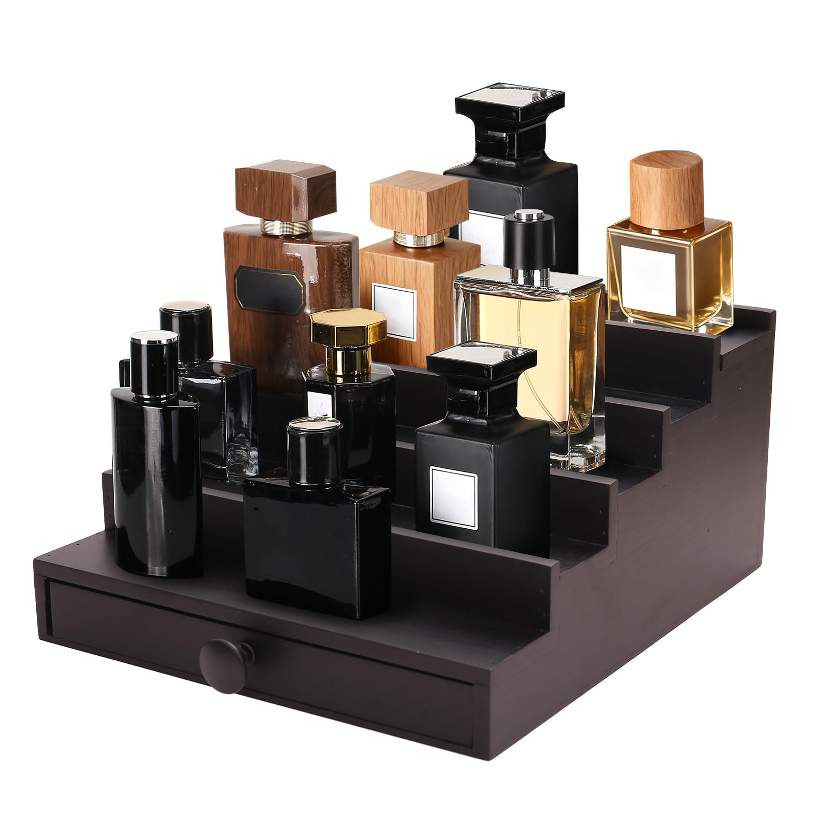 Fengligoo 5 Tier Cologne Organizer for Men - Wooden Black Cologne Perfume Display Stand with Drawer and Hidden Compartment, Mens Cologne Holder Shelf for Organizing and Storing