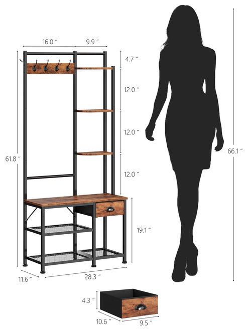 Furologee Coat Rack, Hall Tree with Bench and Shoe Storage, 4 in 1 Entryway Bench, Coat Rack with 3 Shelves and Drawer, Entryway Organizer with 5 Hooks for Hanging, Rustic Brown