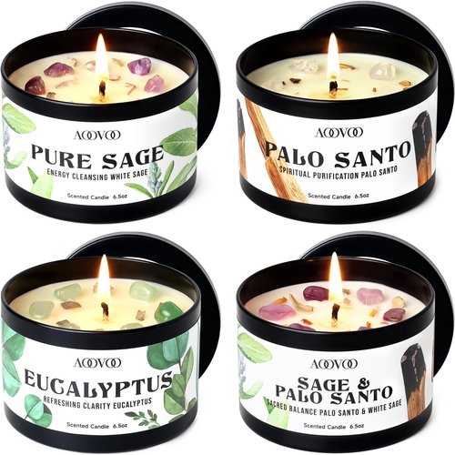 AOOVOO 4 Pack Sage Candles - Sage, Palo Santo, Sage & Palo Santo, Eucalyptus Mint Candle Set with Crystals & Decor, 26oz 200 Hours Long Lasting, Non Toxic Candles for Spiritual House Energy Cleansing