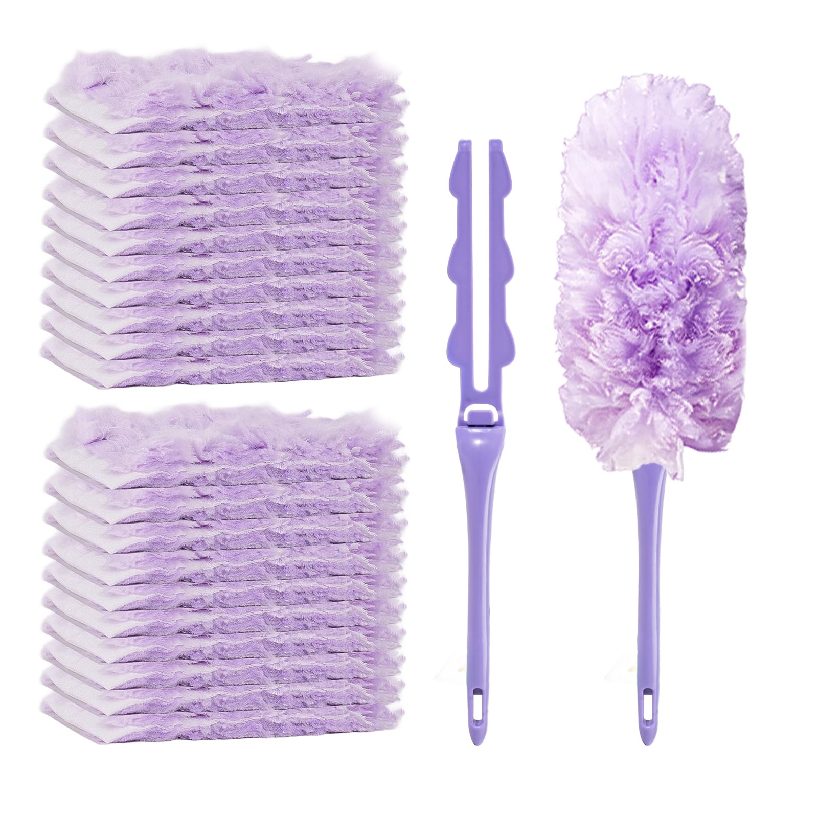 Chushe Duster Refills Compatible with Swiffer, 20 Count with 2 Handles, Heavy Duty 360° 4X Microfiber Stay-On Pads, Unscented Disposable Duster for Home Pet Hair Blinds Ceiling Fans Cleaning