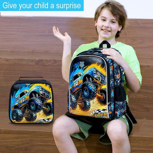 ZLYERT 16" Truck Backpack for Boy, 3Pcs Car School Backpacks with Lunch Box, Kids Bookbag for Elementary Preschool Kindergarten(Black)