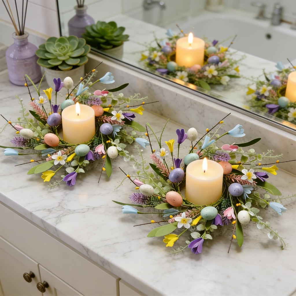 Skiennix Easter Candle Rings - 6 Pcs Mini Pillar Holders with Eggs & Flowers | Spring Yellow Berries Decor