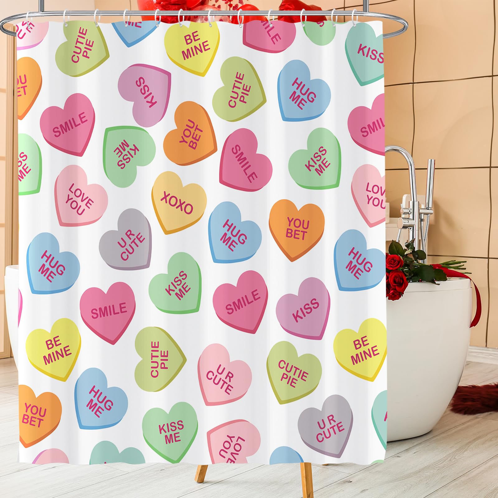 Hauwellter 4 Pcs Valentines Day Shower Curtain Sets, Pastel Heart Valentine Bathroom Set with Shower Curtains and Non Slip Rug Toilet Lid Cover U Shaped Bath Mat, Valentines Day Bathroom Decorations