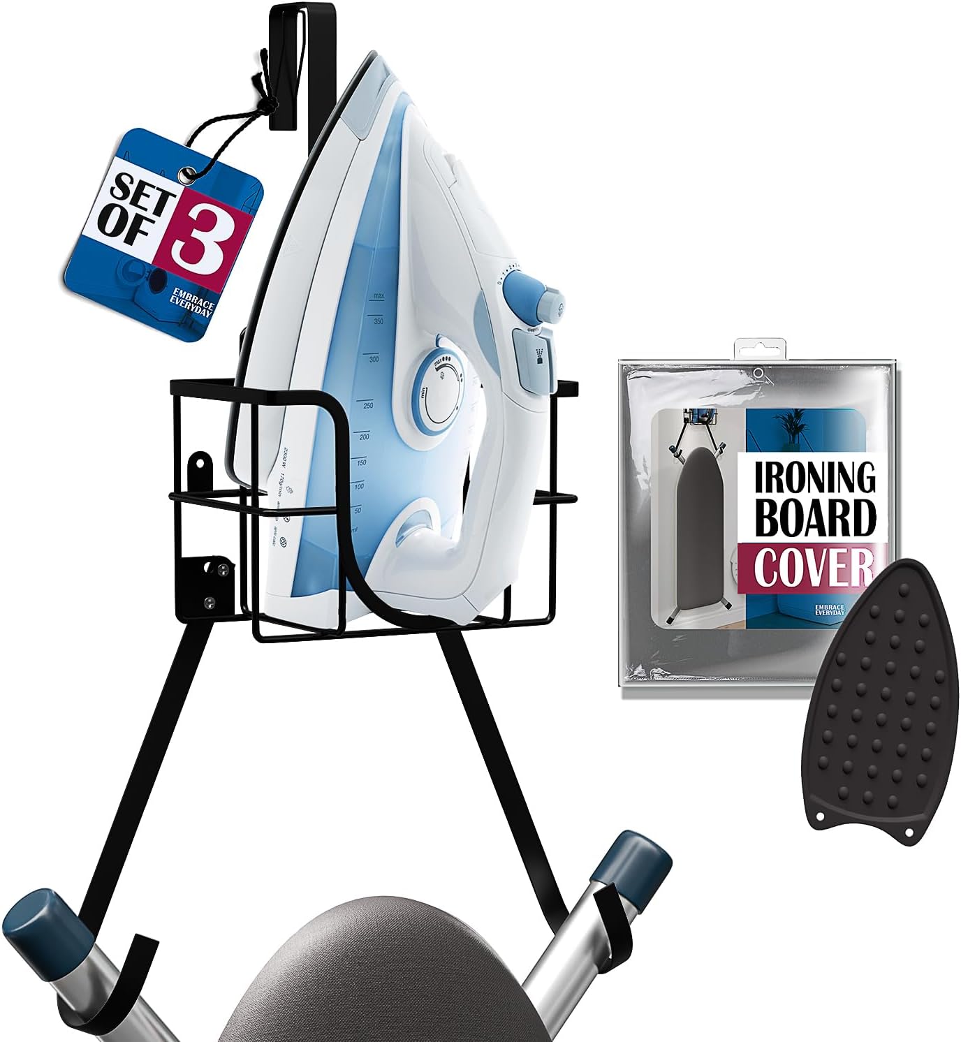T&V Shaped Ironing Board Holder - Wall Mount & Over The Door Hanger | Heat Reflective & Stain Resistant Cover Set