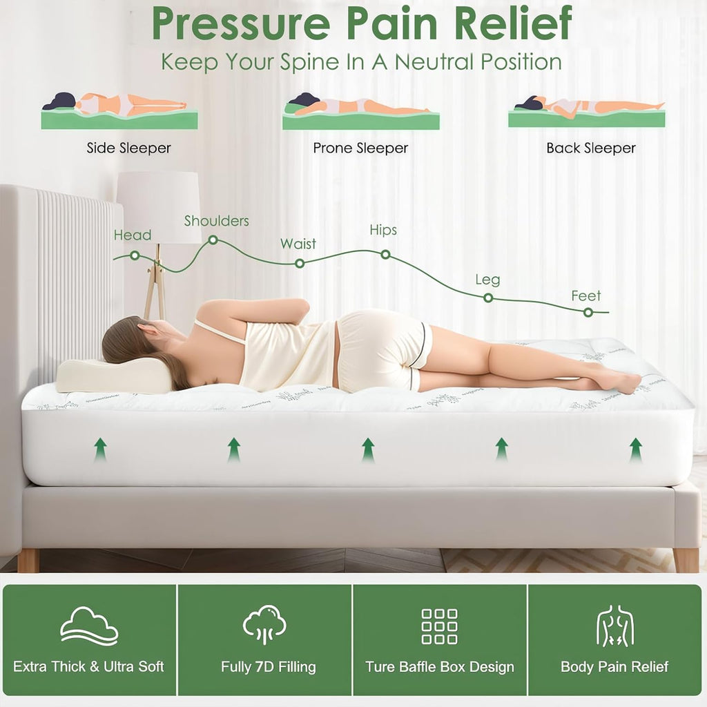 Skiennix Queen Mattress Topper - Cooling Bamboo Viscose Pillow Top - Soft & Breathable for Back Pain Relief - Green