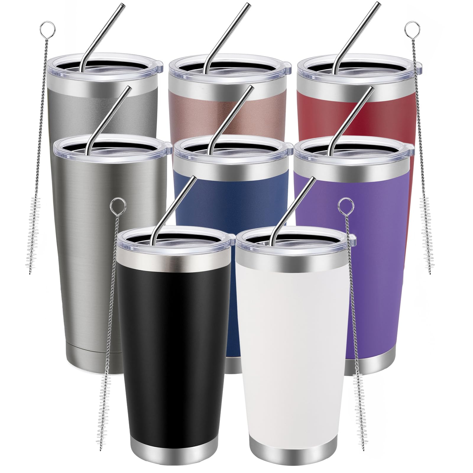 MEWAY 20oz Tumbler 8 Pack Double Wall Vacuum Insulated Travel Mug Bulk, Mix Color Stainless Steel Tumblers with Lid and Straw, Durable Powder Coated Coffee Cups for Cold & Hot Drinks（Mix Color, 8