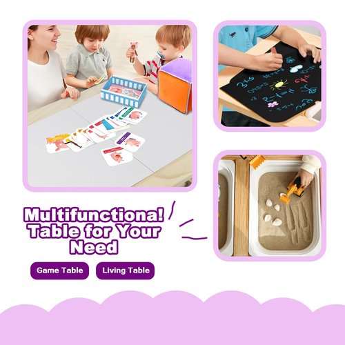 QEKMSY Kids Sensory Bins Table with 2 Stool, Multifunctional Children Interactive Activity Wooden Table Set for 1-3 Years, Drawing Table Play Sand & Water with Storage Bins Lid