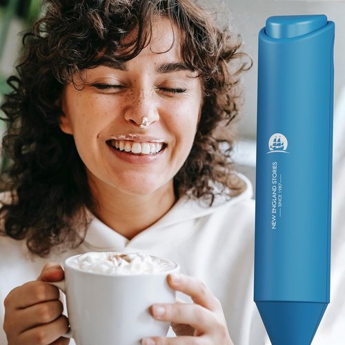 England Stories Electric Milk Frother - Handheld Battery Operated Whisk for Coffee, Latte & Matcha - Metal Blue