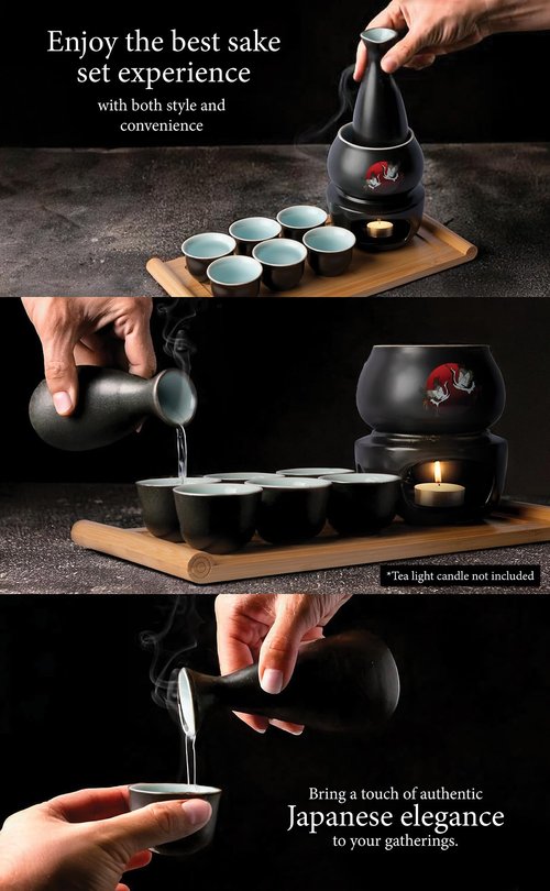 Japanese Sake Cup Set with 6 Ceramic Cups, 1 Ceramic Sake Bottle, 1 Ceramic Sake Warmer, Bamboo Tray, and Cloth Carrying Case - Perfect Hot Sake Set for Authentic Japanese Experience