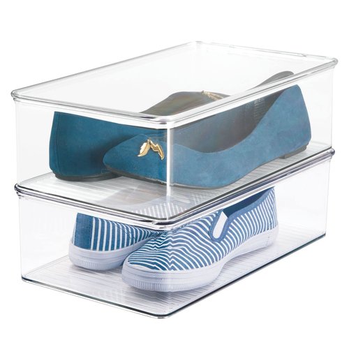 mDesign Shoe Organiser – Set of 2 – Plastic Shoe Storage Box with Lid – Footwear Organiser for Boots, Sneakers, Sandals – Clear