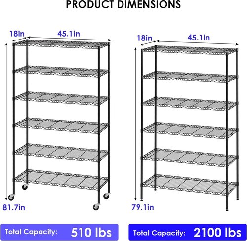 FDW 6-Tier Wire Storage Shelves - Adjustable Heavy-Duty Metal Racks | 45"x18"x82" | Black | Tool-Free Assembly, Rust-Resistant | Ideal for Home & Garage