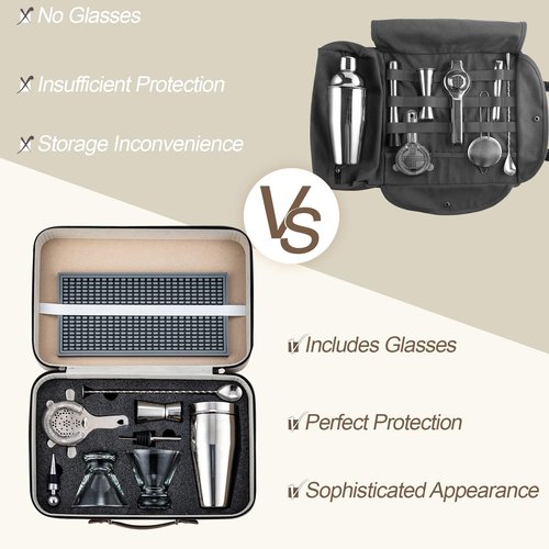 USEEKRIL Travel Martini Kit with 2 Glasses,Travel Bartender Kit with Case Recipe Cards, Cocktail Shaker Set for Cocktail Mixer,Martini Gift Shaker Set for Home Outdoor Party