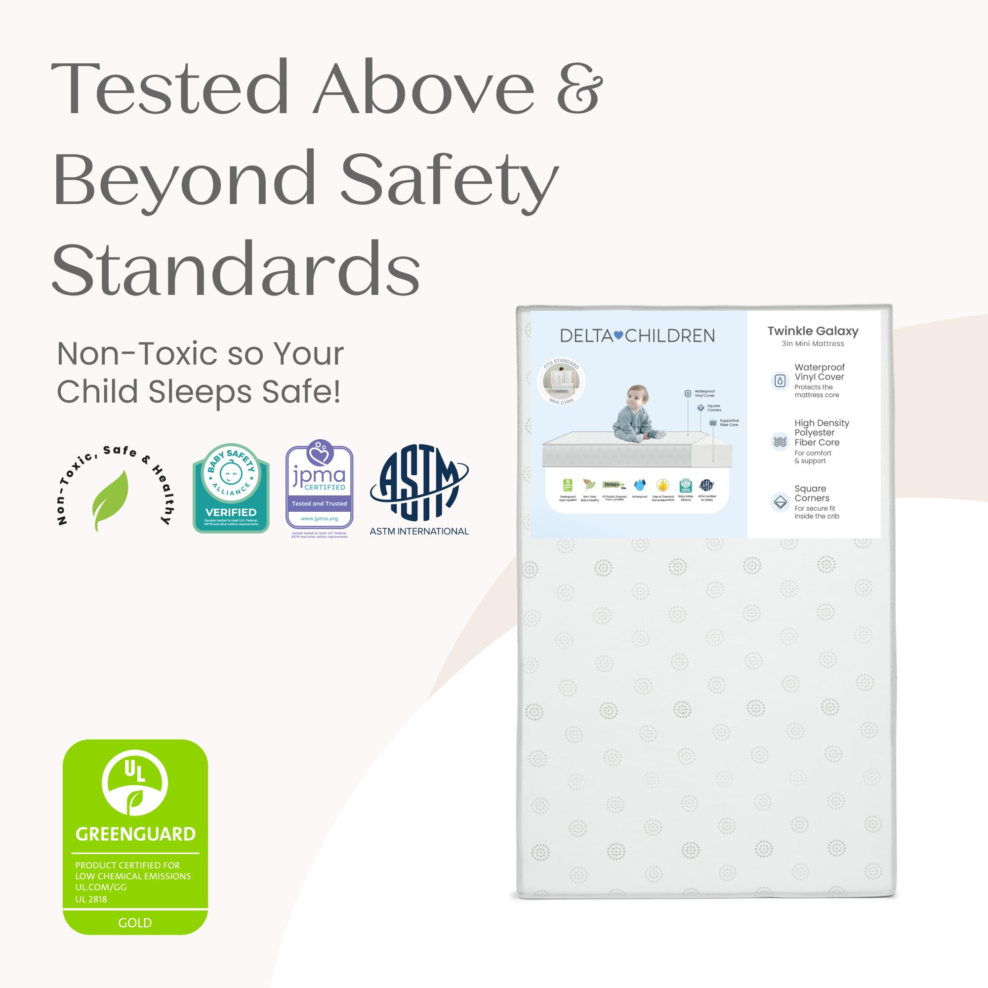 Twinkle Galaxy 3-inch Mini/Portable Crib Mattress - Sustainably Sourced Fiber Core - Waterproof - GREENGUARD Gold Certified (Non-Toxic) - Trusted 10 Year Warranty