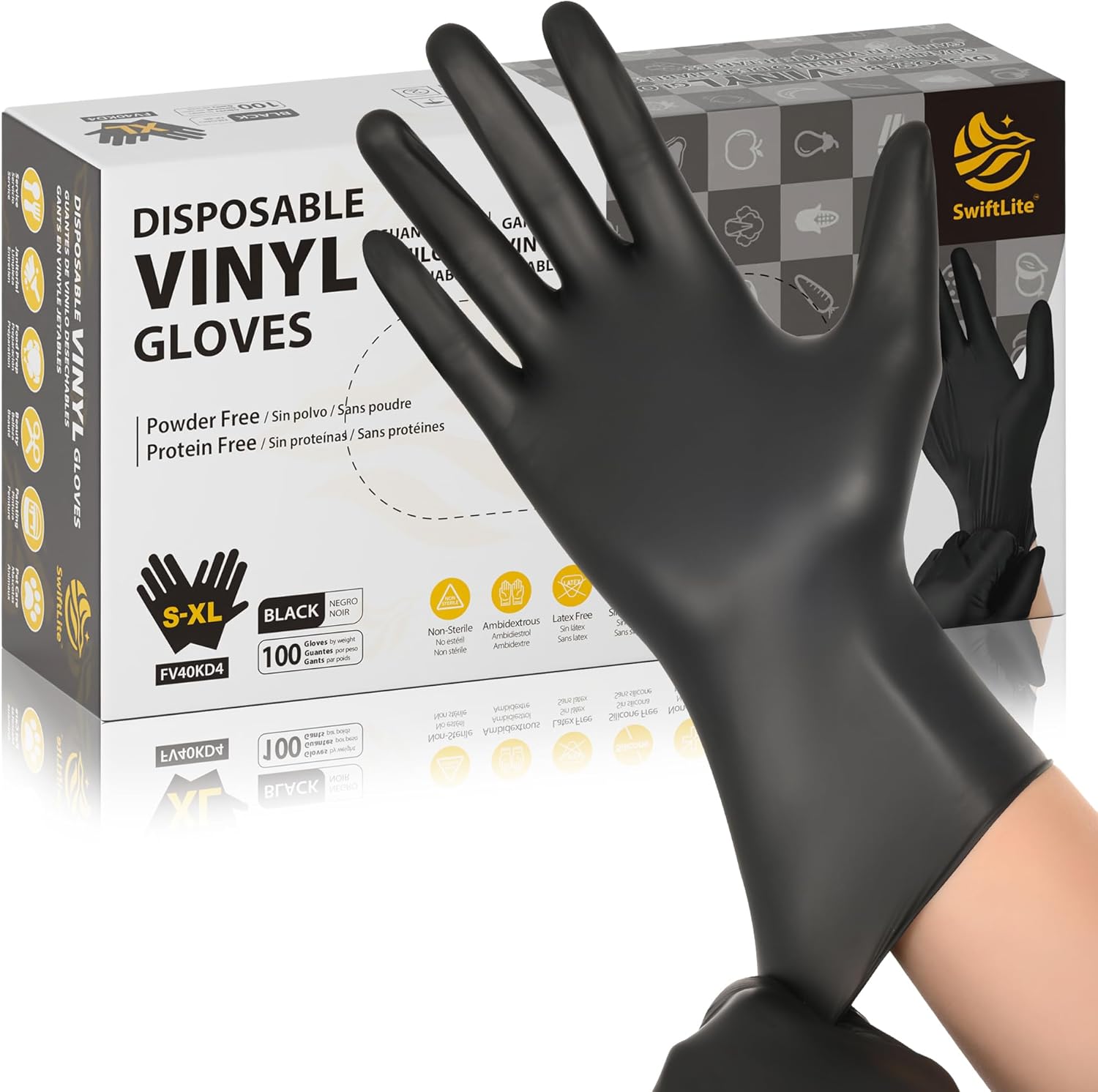 SWIFTLITE Black Vinyl Gloves - Disposable, Latex-Free & Powder-Free for Food Prep & Cleaning