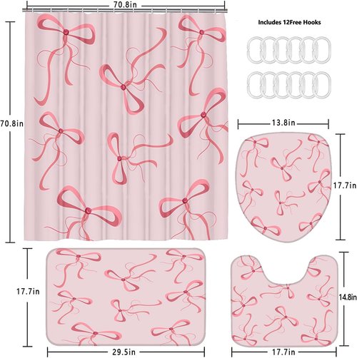 AZHM Pink Bow Shower Curtain Set - Cute Aesthetic Bathroom Decor with 12 Hooks | 4-Piece Set