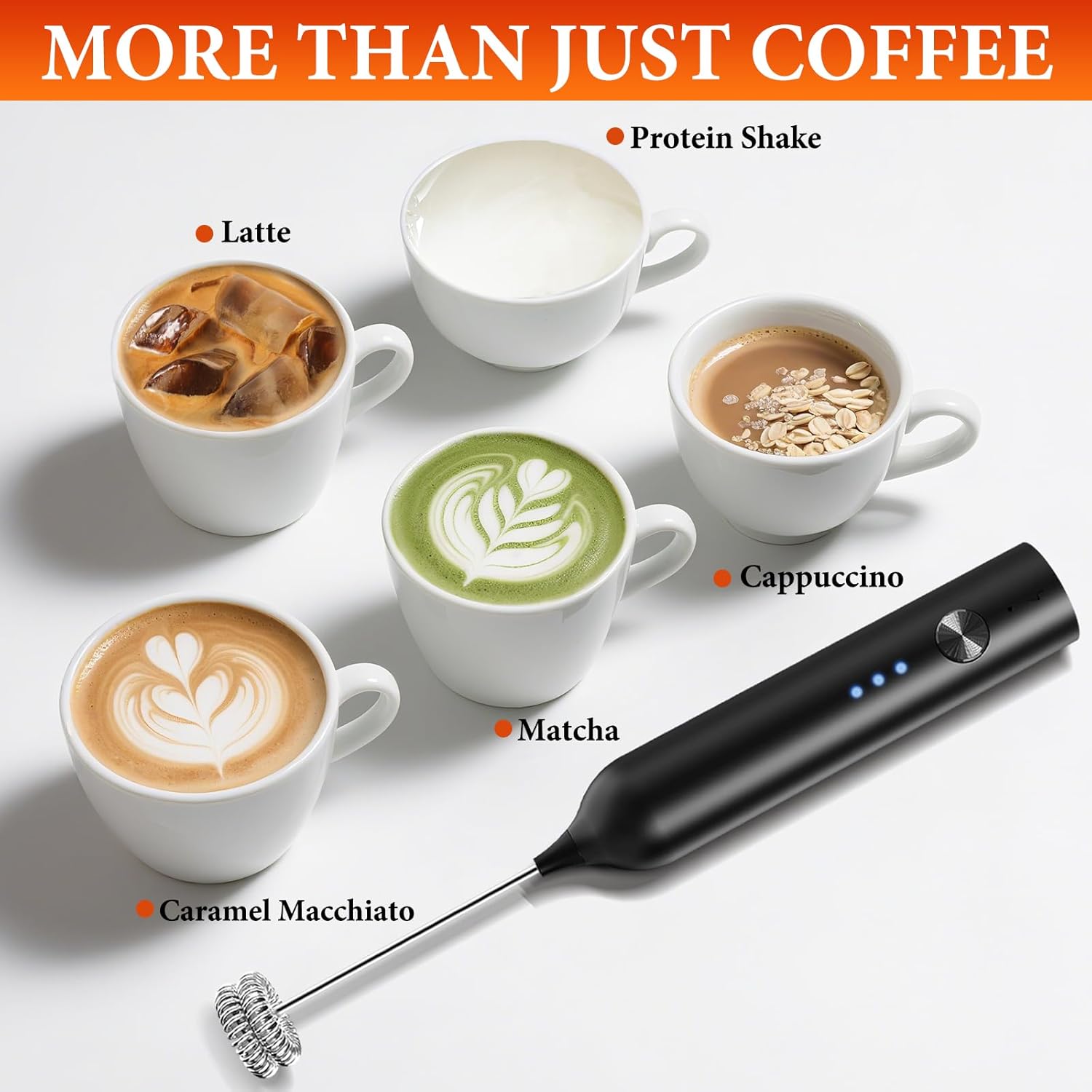 Skiennix Milk Frother - Rechargeable Handheld Drink Mixer with 3 Speed Settings & Stainless Whisks | Black