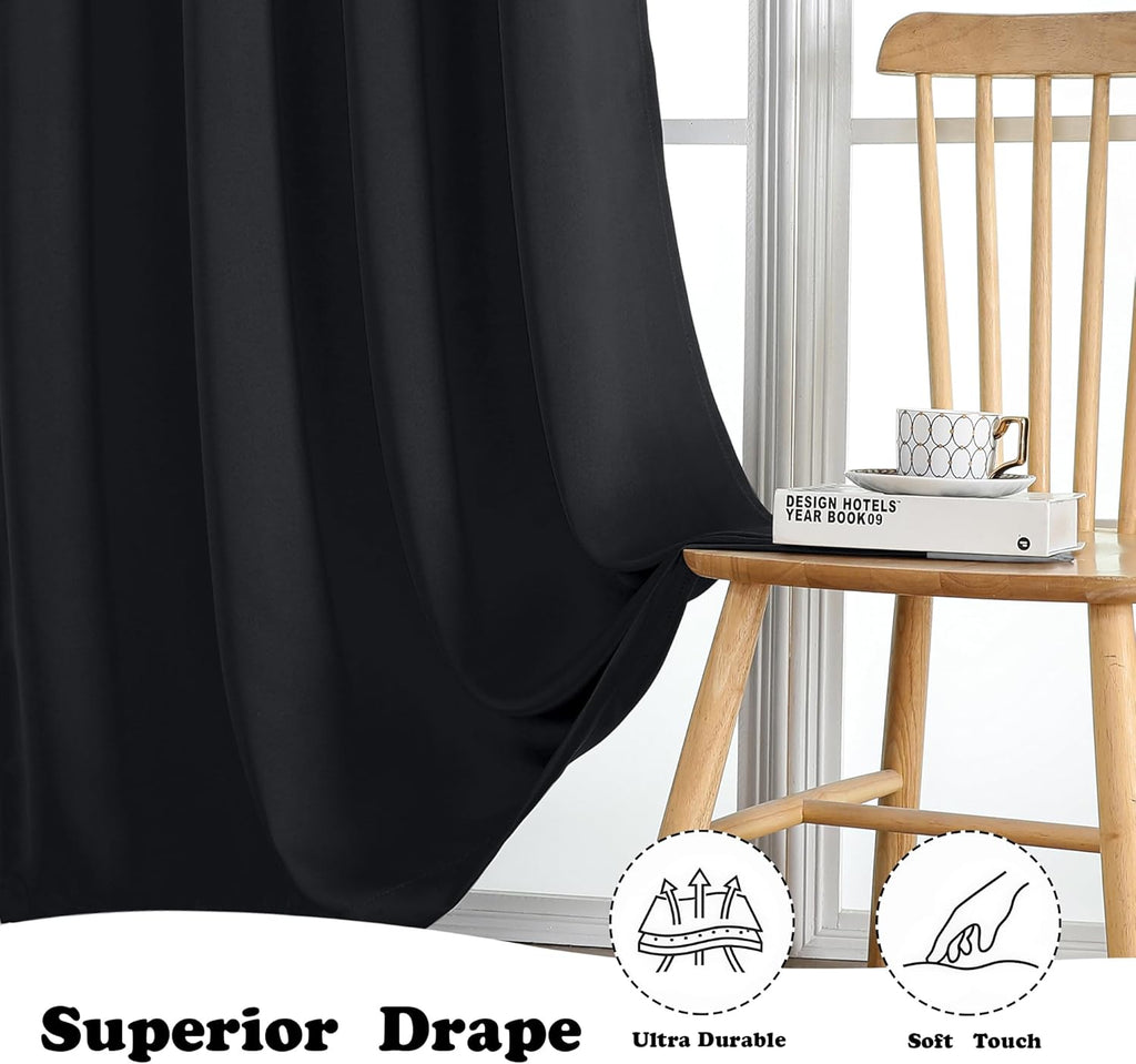 Simplebrand Blackout Curtains - Thermal Insulated Room Darkening Drapes | 63 Inch Length, 2 Panels Set, Black