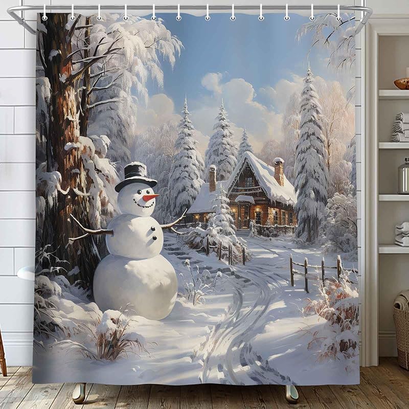 Christmas Snowman Shower Curtain Grey - 71 x 71 in Waterproof Polyester Bath Decor