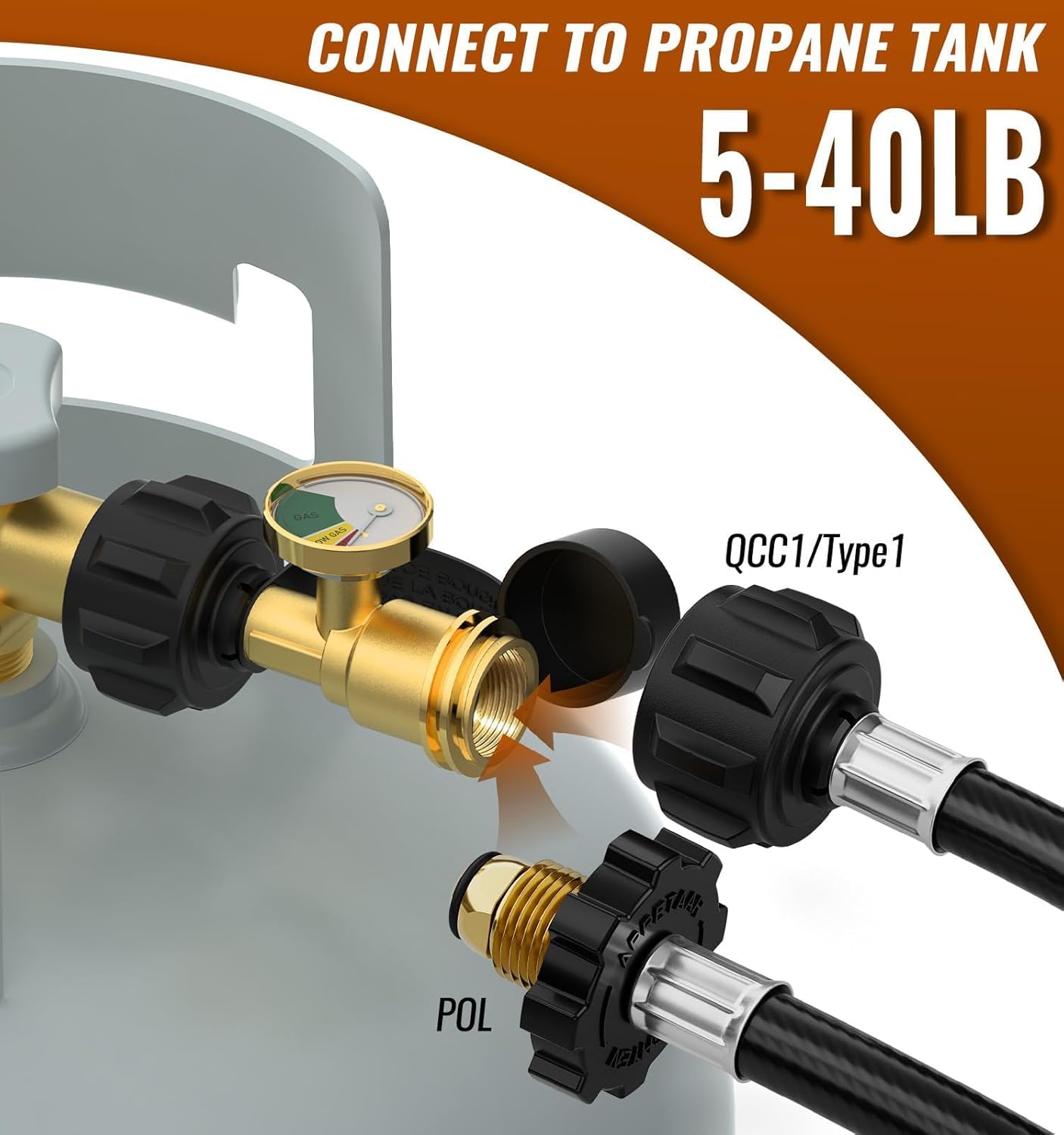 NUPICK Propane Tank Gauge - Level Indicator with QCC1 Connector for 5-40lb Tanks | BBQ & Heater Use