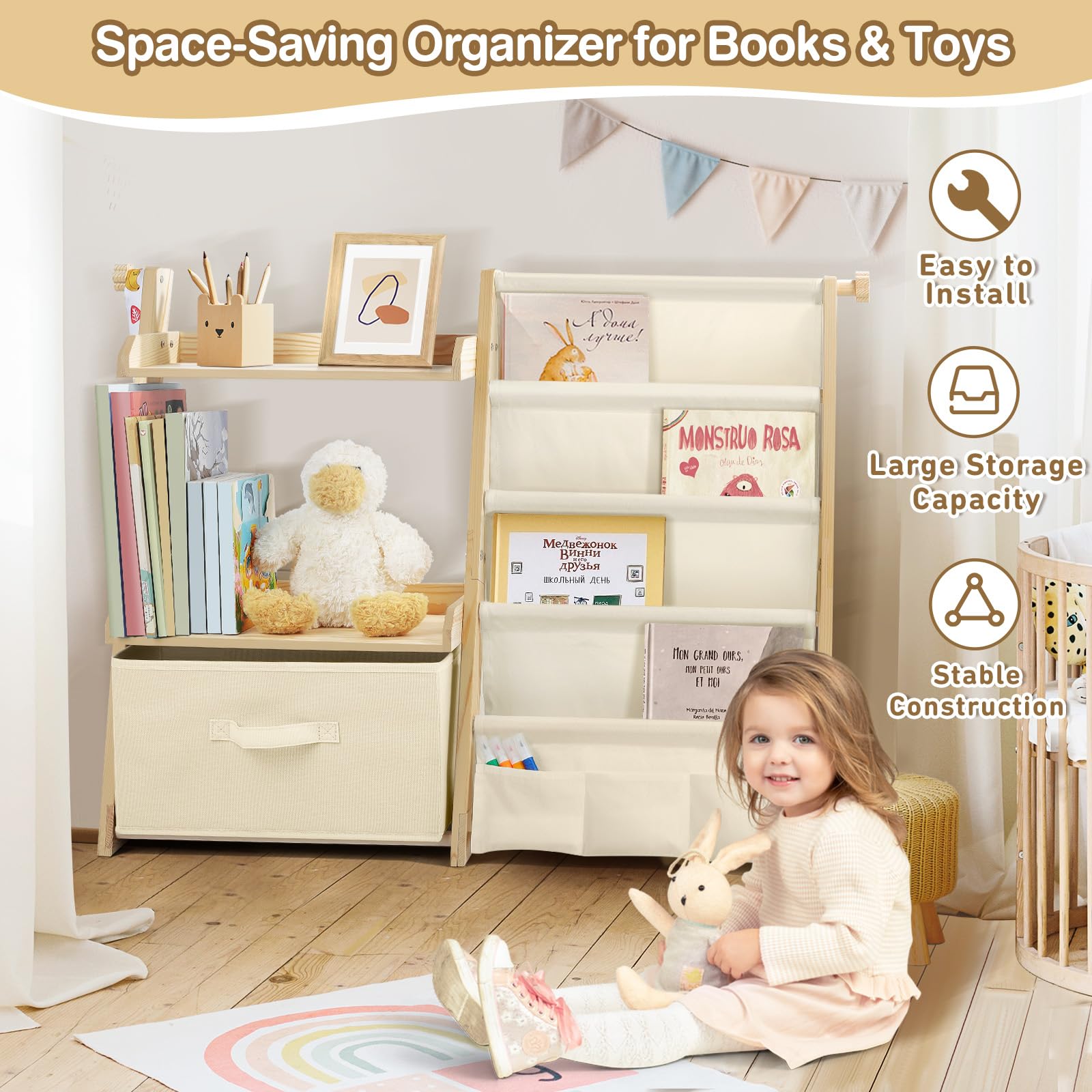 wooshwa Kids Bookshelf and Toy Organizer 2 in 1,Book Shelf for Kids Rooms with Movable Toy Bin,4 Tier Toddler Sling Book Rack for Nursery Bedroom Playroom (Beige)