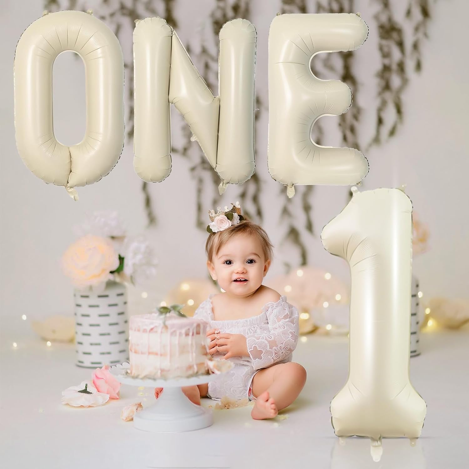 Skiennix Cream Letter ONE Balloon - 40 Inch Beige Number 1 for Baby Shower & Gender Reveal Decor