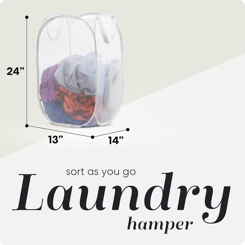 Handy Laundry Collapsible Mesh Pop-Up Hamper - 2-Pack, Space-Saving Design with Side Pocket, Durable & Breathable (White)
