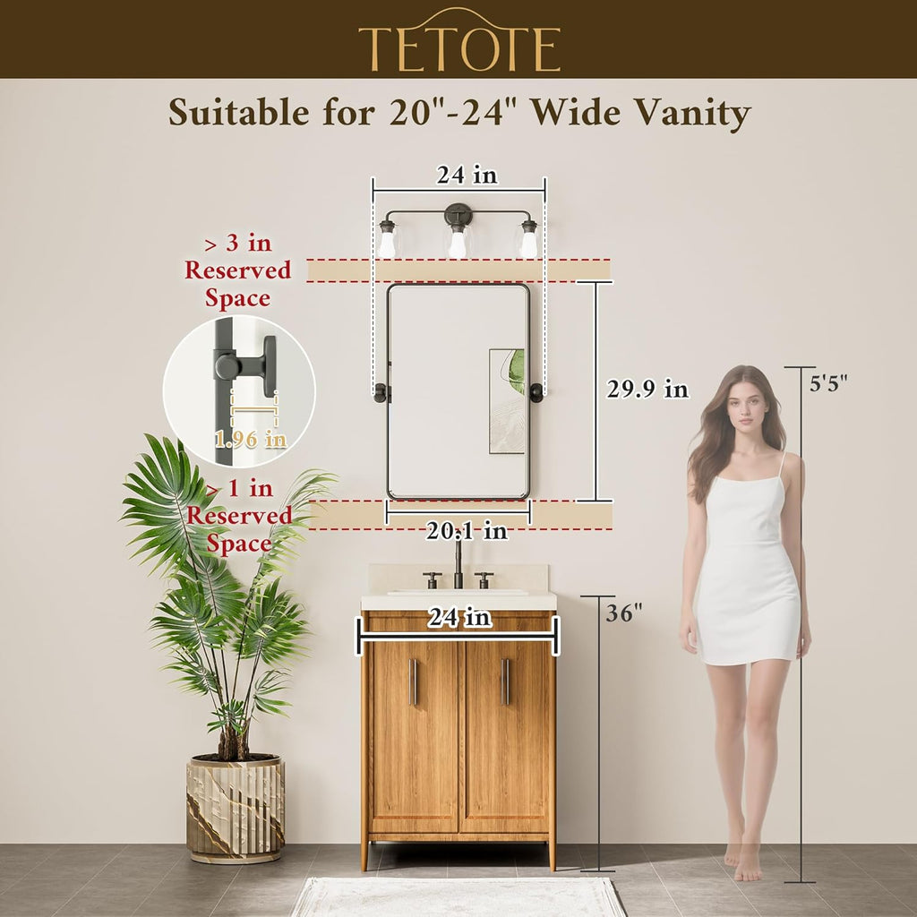 TETOTE Pivot Mirror - Modern Farmhouse Matte Black Rectangle Vanity Mirror | 20 x 30 Inches, Adjustable Beveled Glass