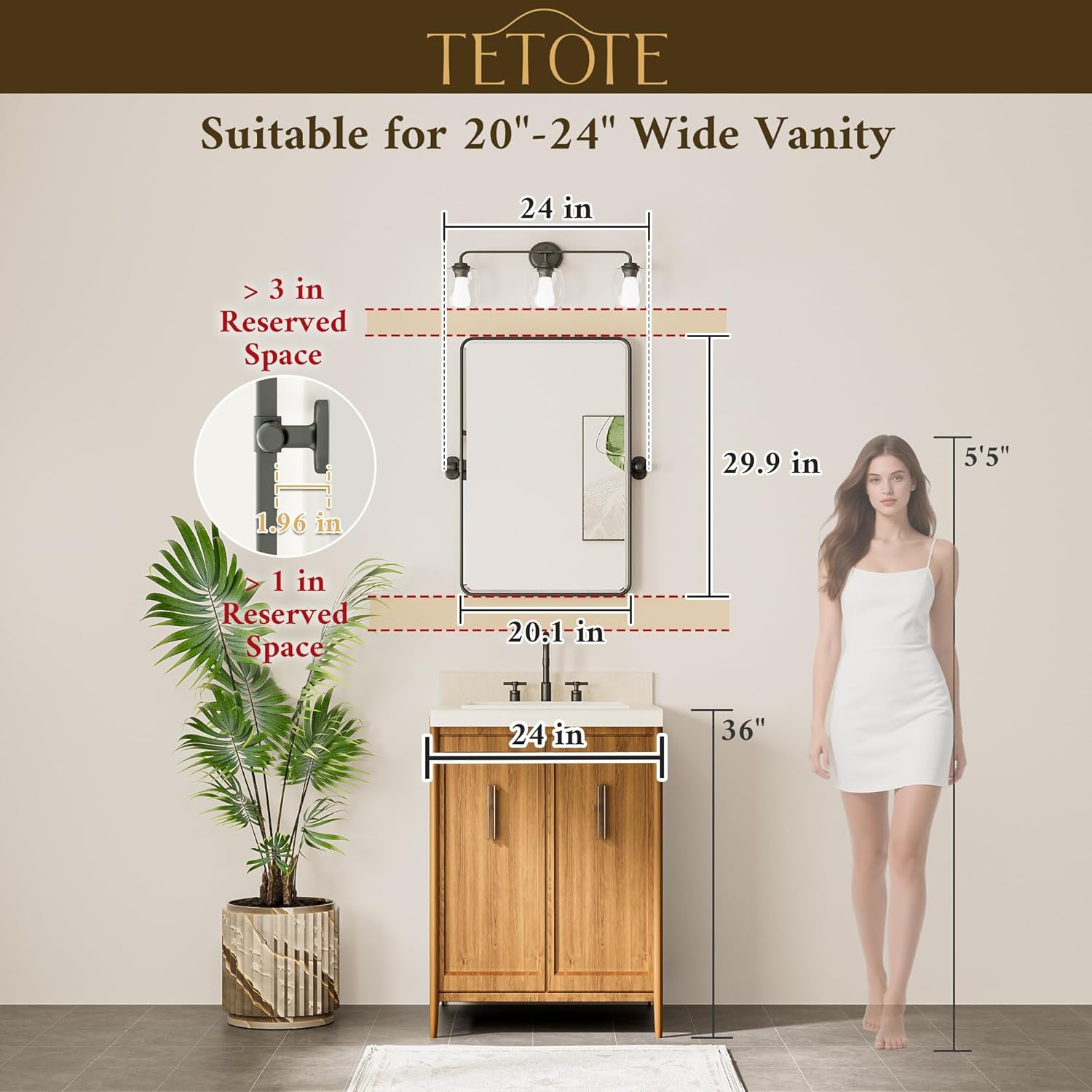 TETOTE Pivot Mirror - Modern Farmhouse Matte Black Rectangle Vanity Mirror | 20 x 30 Inches, Adjustable Beveled Glass