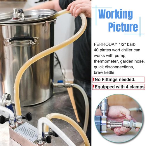 FERRODAY 40 Plate Wort Chiller, 1/2 Barb Fitting Brazed Plate Heat Exchanger, Stainless Steel Homebrew Plate Wort Chiller, Beer Chiller Wort Cooler Heat Exchanger For Brewing-7.5" x 3.8"