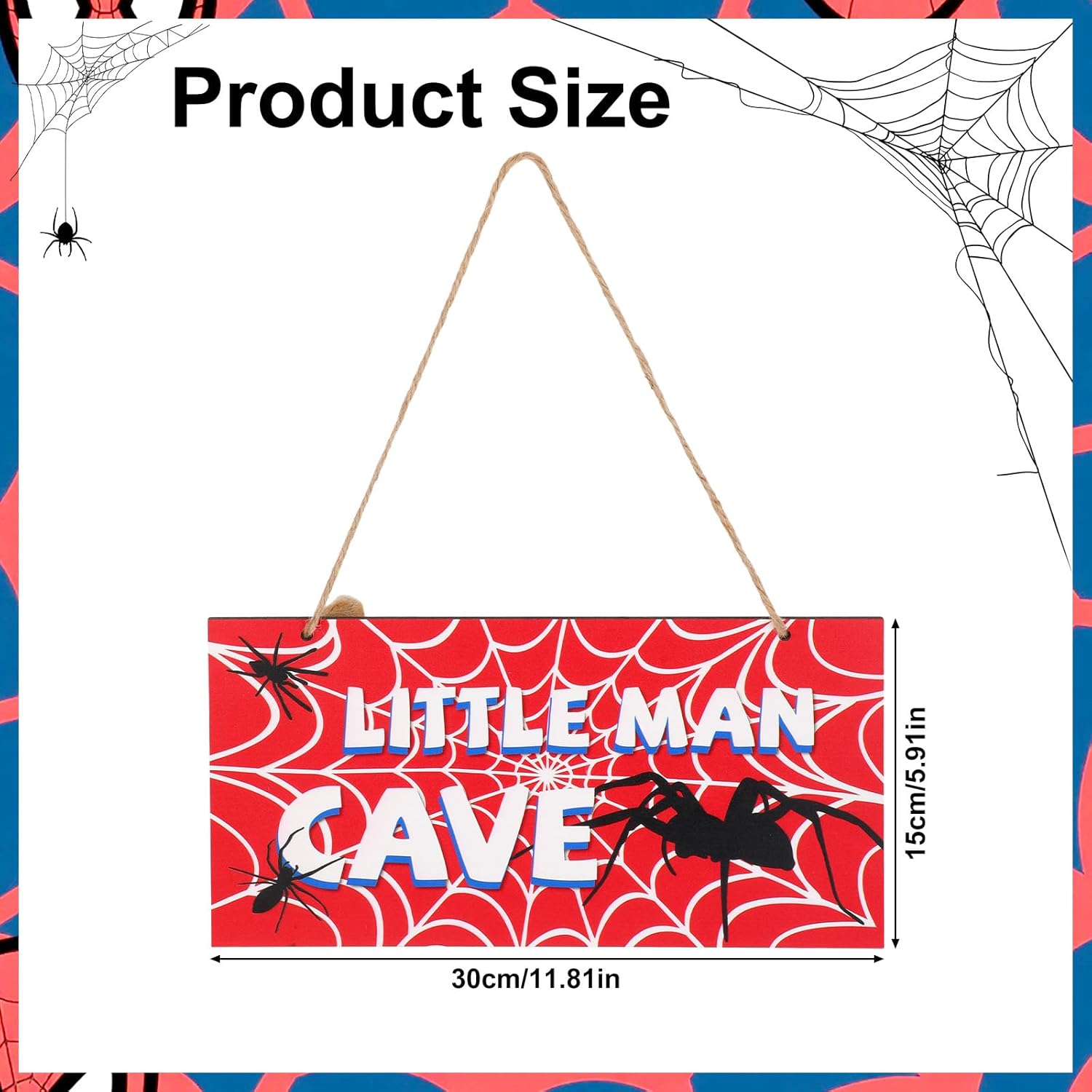 Spider Door Sign - 12x6in Red Wooden Nursery Decor | Spider Web Wall Art for Boys' Rooms