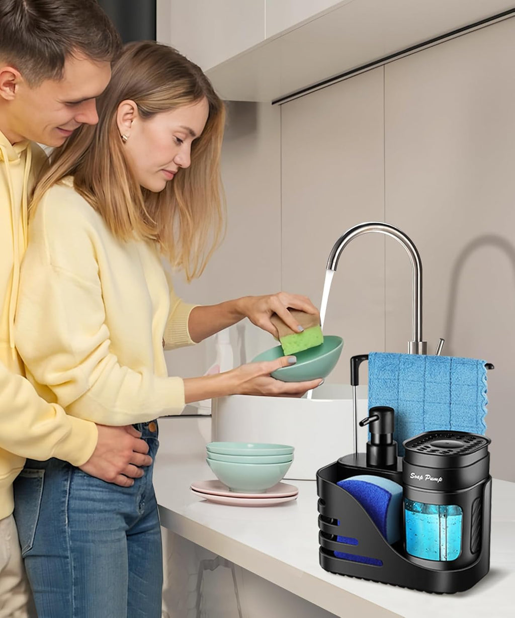 Skiennix Kitchen Soap Dispenser Set - 4-in-1 Dual Soap & Sponge Holder | Black