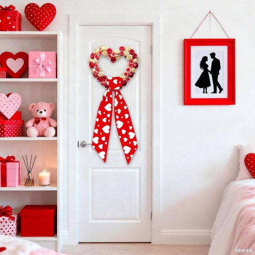 FYSUIMU Valentine's Day Wreath Sash - Red & White Heart Garland for Indoor/Outdoor Decor | 2 Pcs