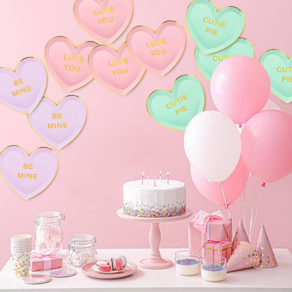 Suclain 36 Pcs Valentine's Day Heart Paper Plates 9 Inch Valentines Conversation Heart Shaped Paper Plates Disposable Candy Tableware Dinnerware for Galentine Party Favors Gifts (Green,Purple,Pink)