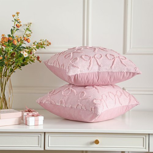 SmoothNovelty Pink Bow Pillow Covers 18x18 Set of 2 Coquette Preppy Room Decor Stuff Decorative Embroidered Pillow Cases Cute Aesthetic Fluffy Plush Bowknot Cushion Covers for Bedroom Couch Sofa