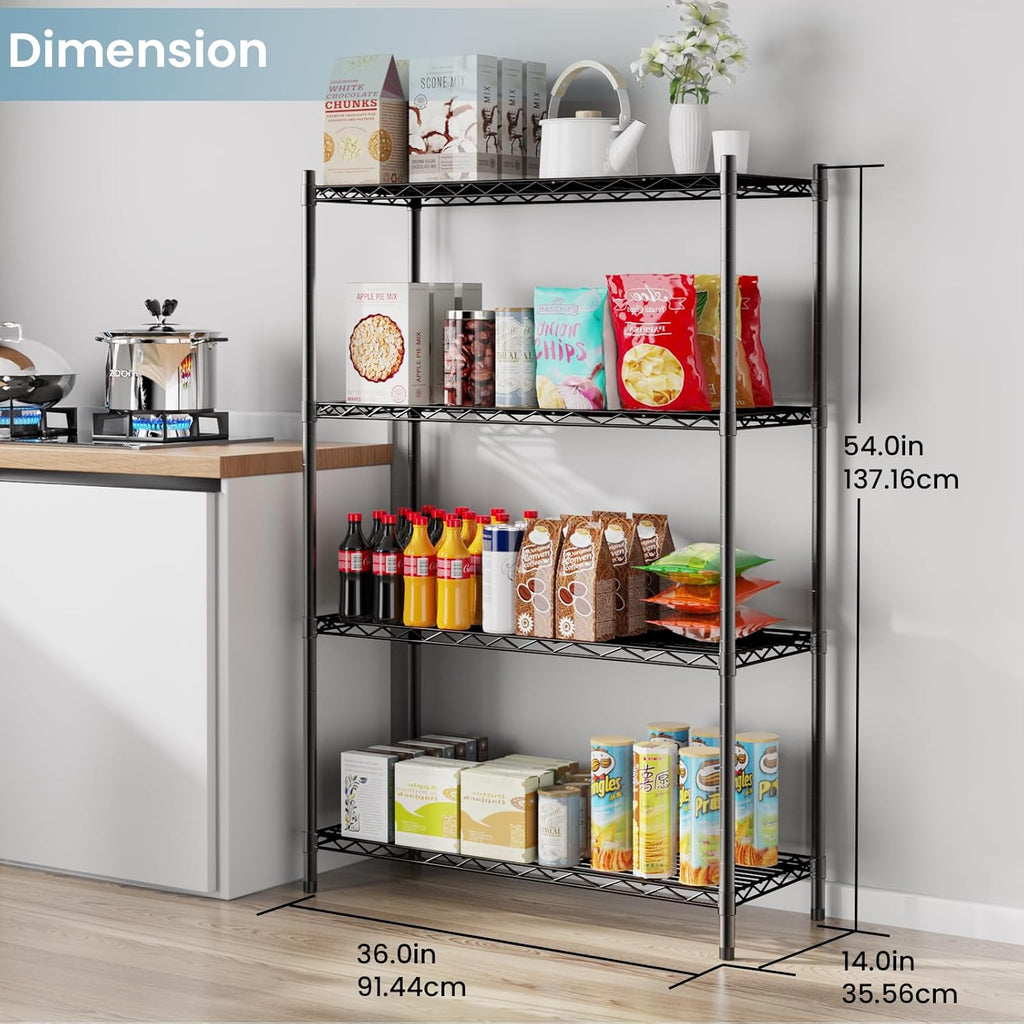 Whitmor 4-Tier Metal Shelving Unit - Adjustable Heavy-Duty Storage with Wheels | 400 lbs Capacity per Shelf, Black, 36"L x 14"W x 54"H